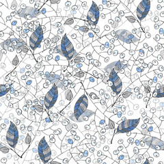 Seamless background with berry and leaves painting in watercolor on white background.