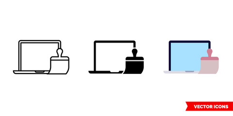 Laptop cleaning icon of 3 types color, black and white, outline. Isolated vector sign symbol.