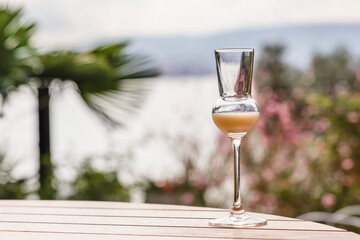 Eggnog in a high glass on a wooden table with the view over the sea, palm tree, soft focus background