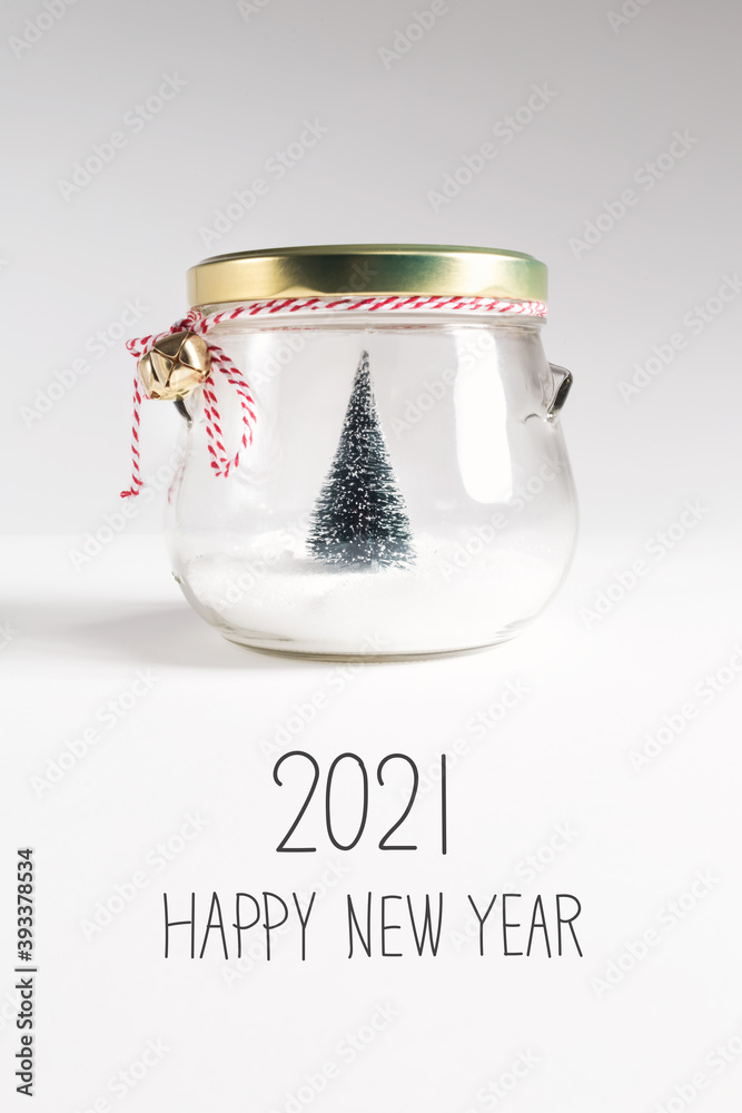 Wall mural 2021 happy new year message with christmas tree in a glass jar - Wall murals