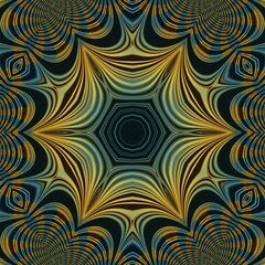 Obraz premium yellow and bright blue linear horizontal stripes on a jet black background transformed to abstract patterns and intricate hexagonal delicate floral fantasy designs