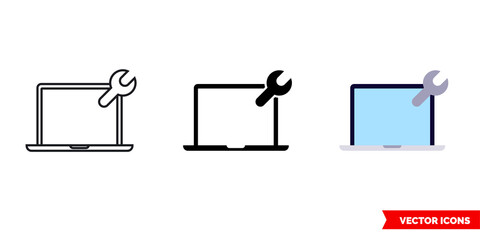 Laptop settings icon of 3 types color, black and white, outline. Isolated vector sign symbol.