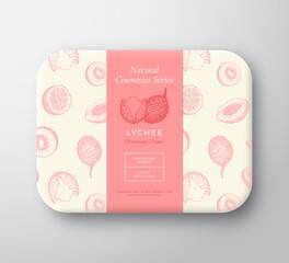 Lychee Bath Cosmetics Package Box. Abstract Vector Wrapped Paper Container with Label Cover. Packaging Design. Modern Typography and Hand Drawn Exotic Fruits Background Pattern Layout. Isolated