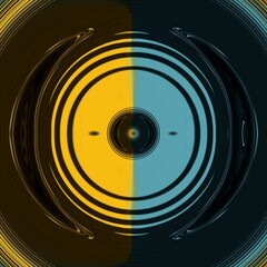 yellow and bright blue linear horizontal stripes on a jet black background transformed to abstract patterns and intricate designs