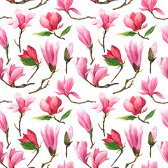 Seamless watercolor pattern. Flowers, leaves and buds of a magnolia tree on a white background.