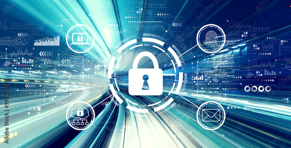 Poster internet network security concept with abstract high speed technology pov motion blur