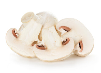 Fototapeta na wymiar Fresh mushrooms champignon and half isolated on white background with clipping path