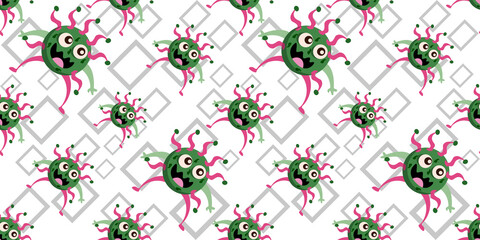 Seamless pattern of Cute cartoon germ in flat style design isolated on rectangle stroke background. Bacteriology concept design. Cartoon microbes. Vector illustration eps10.