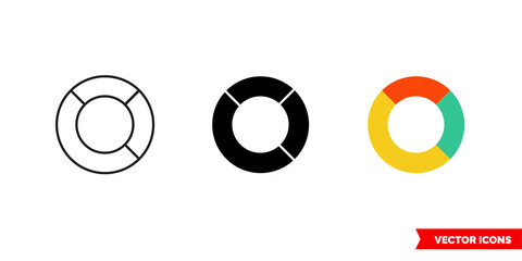 Ring chart diagram icon of 3 types color, black and white, outline. Isolated vector sign symbol.