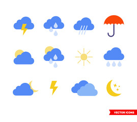 Weather icon set of color types. Isolated vector sign symbols. Icon pack.