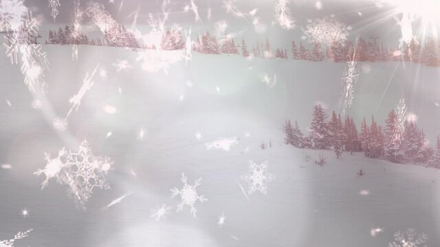 Animation of snow falling and lights over winter scenery