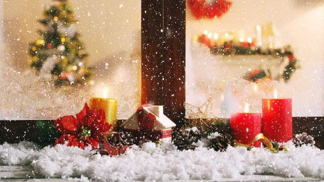 Animation of winter scenery with christmas decorations seen through window