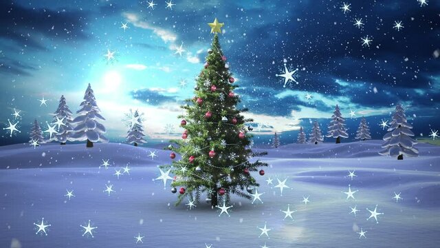 Animation of christmas tree and snow falling over winter scenery in the background