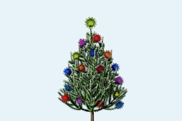 Christmas pine tree decorated with shiny covid-19 virus ornaments 3D rendered concept image
