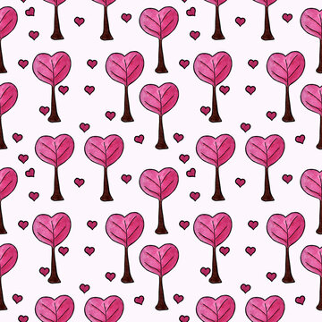 Seamless pattern with pink trees in the form of hearts on white. Watercolor background for greeting cards and invitations of the wedding, birthday, lovers day, mother's day.