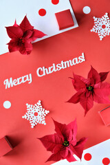 Text Merry Christmas. Poinsettia, snowflakes, red white paper confetti. Top view, monochrome design