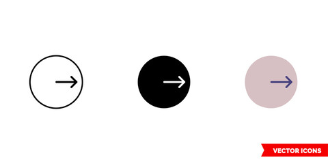 Circle with right arrow inside icon of 3 types color, black and white, outline. Isolated vector sign symbol.