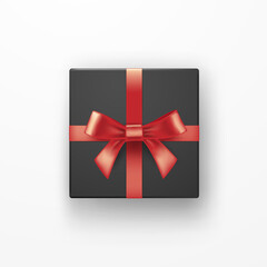 Realistic black gift box with red ribbons over white background. Christmas design vector illustration