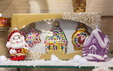 new year gifts on a shop window on christmas eve