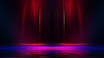 Abstract dark futuristic background. Ultraviolet multicolored beams of neon light reflect off the water. Background of empty stage show, beach party. 3d illustration