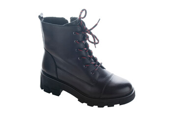 Black leather new shoe with Red black shoelaces isolated on white background.