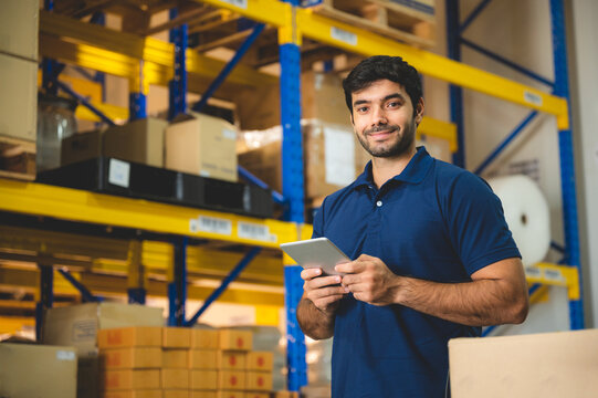 industrial occupation man person working in storage warehouse, business male portrait in logistic storehouse factory for a job of goods box shipping, stock delivery distribution industry to global