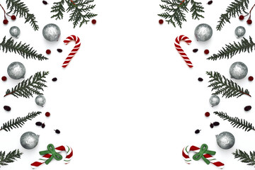 Thuja branches, spruce and New Year's decor. Copy space, flat lay, mock up, top view