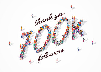 700K Followers. Group of business people are gathered together in the shape of 700000 word, for web page, banner, presentation, social media, Crowd of little people. Teamwork. Vector illustration