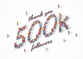500K Followers. Group of business people are gathered together in the shape of 500000 word, for web page, banner, presentation, social media, Crowd of little people. Teamwork. Vector illustration