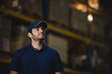 Portrait of a foreman in an international warehouse storage space, concept of business, logistics and online marketing