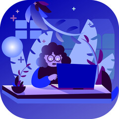 The vector illustration of the woman working on a laptop at home