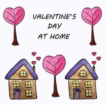 Valentine's day at home. Fairy houses trees in the form of a heart. Watercolor illustration.