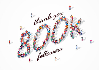 800K Followers. Group of business people are gathered together in the shape of 800000 word, for web page, banner, presentation, social media, Crowd of little people. Teamwork. Vector illustration