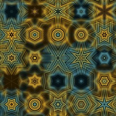 yellow and bright blue linear horizontal stripes on a jet black background transformed to abstract patterns and intricate designs