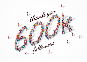 600K Followers. Group of business people are gathered together in the shape of 600000 word, for web page, banner, presentation, social media, Crowd of little people. Teamwork. Vector illustration