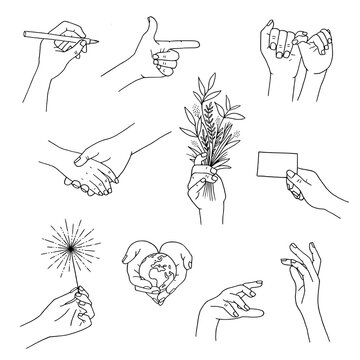 Outline drawings of hands moving and holding different items