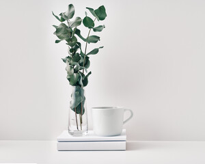 A mug, a stack of books, a wooden board and a transparent vase with eucalyptus branches. Eco-friendly materials in interior decor, minimalism. Copy space, mock up