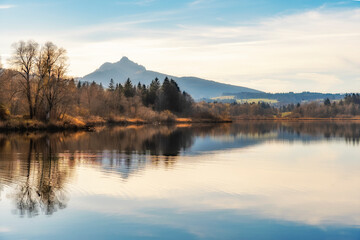 landscape in autumn mood at lake Gruentensee with Gruenten summit in background, upper Allgaeu near Nesselwand, Bavaria, Germany