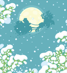 Magic reindeers flying Santa Claus with a big bag of gifts in his sleigh over a snow-covered fir forest on the moonlit, frosty and snowy night before Christmas, vector cartoon illustration