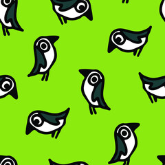 Seamless vector pattern with cartoon birds on green background. Simple robin wallpaper design. Home decoration fashion textile with sparrow birds.