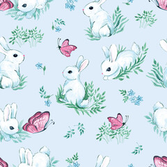 
seamless illustration, white rabbits with butterflies, with floral elements, with small flowers, on a light blue background