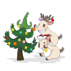 Cute Reindeer is decorating Christmas tree on white isolated background; vector Lapland Deer in Cartoon style, isolated Reindeer with New Year decoration, concept of Christmas, Holiday, New Year.