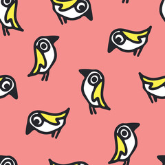 Seamless vector pattern with yellow birds on pink background. Cute cartoon sparrow wallpaper design. Decorative fashion textile.