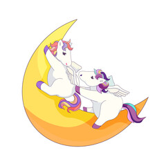 Cute isolated Pegasus doesn’t want to share the Crescent Moon with other Pegasus on white isolated background, Vector Pegasus in Cartoon style, concept of Magical flying horses and Fairytale.