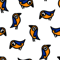 Seamless vector pattern with cartoon sparrows on white background. Simple bird wallpaper design. Fun titmouse fashion textile.