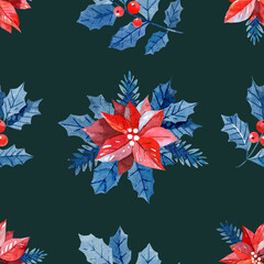 Christmas seamless pattern with holly and red Poinsettia flower on white background for gift wrapping paper, wallpaper and fabric