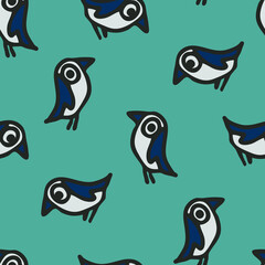 Seamless vector pattern with bluebird on blue background. Artistic cartoon wallpaper design with sparrows. Decorative bird fashion textile.