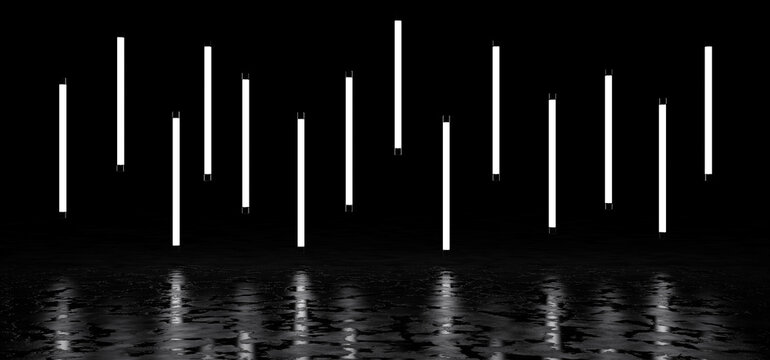Luminous vertical stripes of white color in a dark space reflected on the glossy floor. Neon lights form a horizontal stripe in a dark space. 3D render