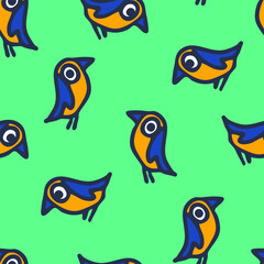 Seamless vector pattern with cartoon birds on blue background. Hand drawn parrot wallpaper design. Decorative animal fashion textile.