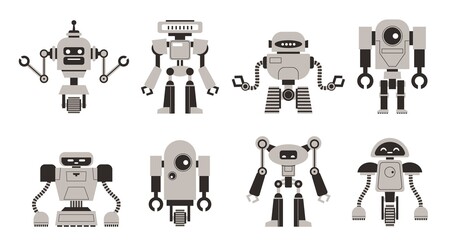Set of simple black and white robots, security, cleaning. Artificial inteligence and cyborg. Cartoon illustration isolated background. - obrazy, fototapety, plakaty